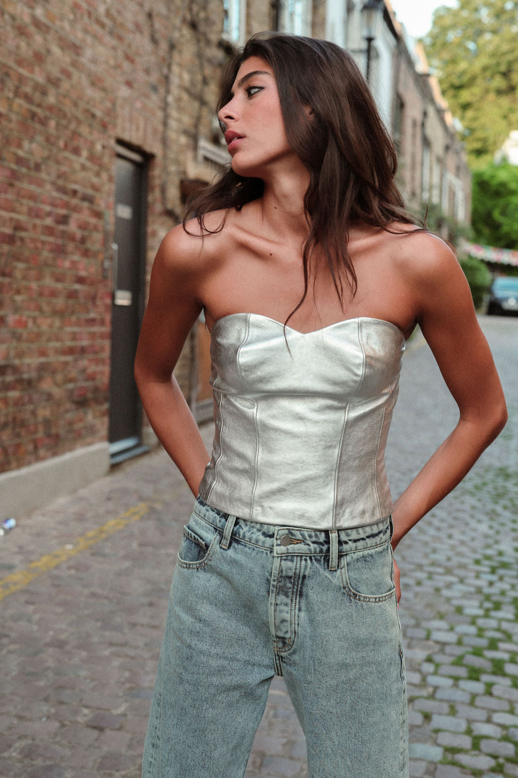 AUDE SILVER LEATHER BUSTIER 