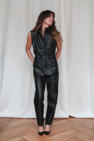 MELODY BLACK LEATHER JUMPSUIT